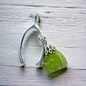 Lucky Brooch Green Jade Vintage Wishbone Silver Tone Unique Natural Stone Pin